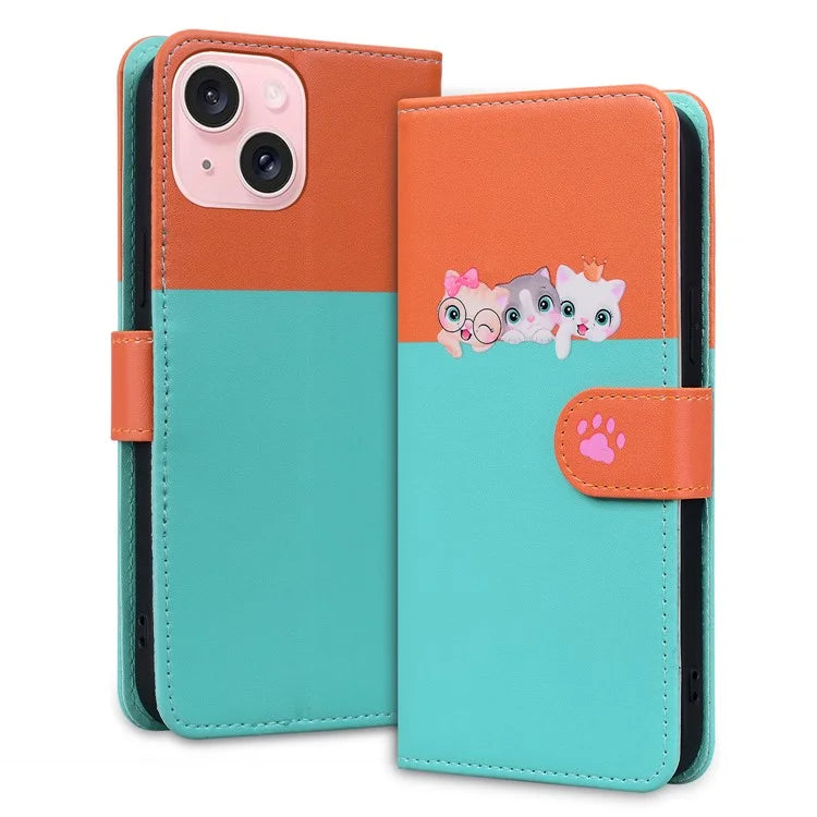 Cartoon Pet Series for iPhone 15 Leather Case Animal Pattern Color Splicing Wallet Cover