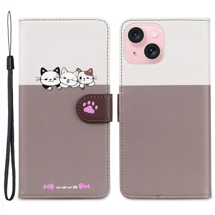 Cartoon Pet Series for iPhone 15 Leather Case Animal Pattern Color Splicing Wallet Cover