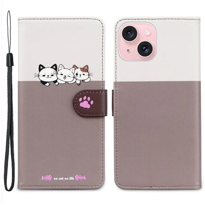 Cartoon Pet Series for iPhone 15 Leather Case Animal Pattern Color Splicing Wallet Cover