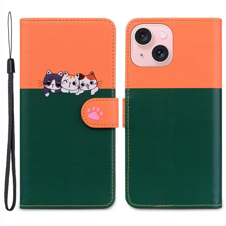 Cartoon Pet Series for iPhone 15 Leather Case Animal Pattern Color Splicing Wallet Cover