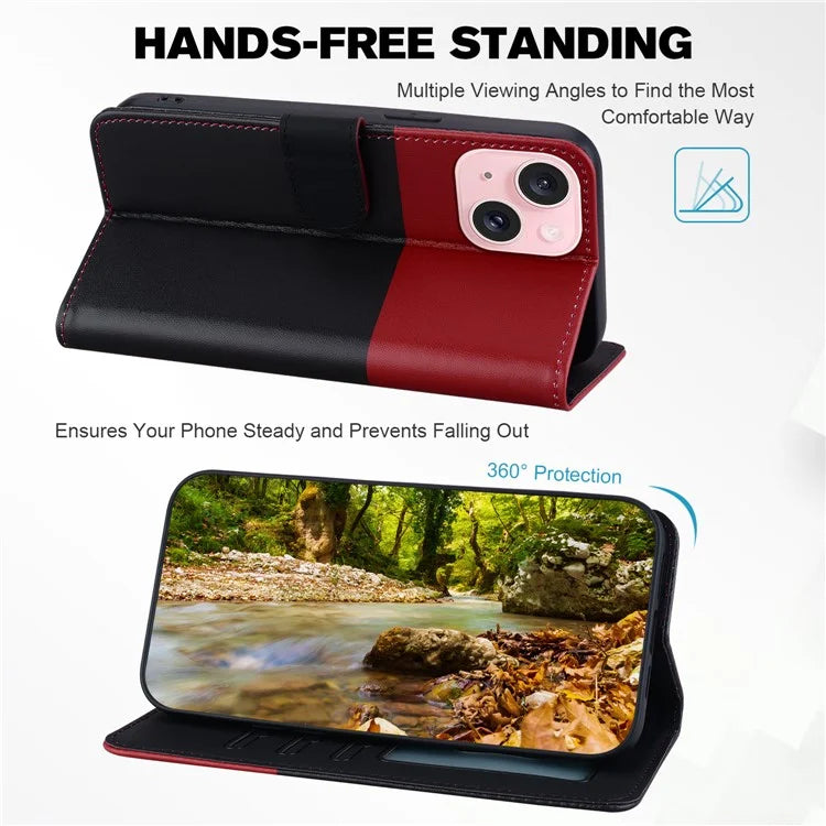 Cartoon Pet Series for iPhone 15 Leather Case Animal Pattern Color Splicing Wallet Cover