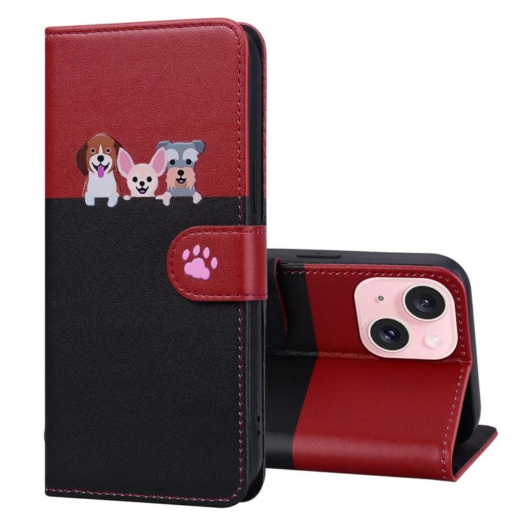 Cartoon Pet Series for iPhone 15 Leather Case Animal Pattern Color Splicing Wallet Cover