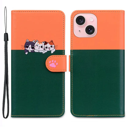 Cartoon Pet Series for iPhone 15 Plus Case Color Splicing Leather Wallet Cover