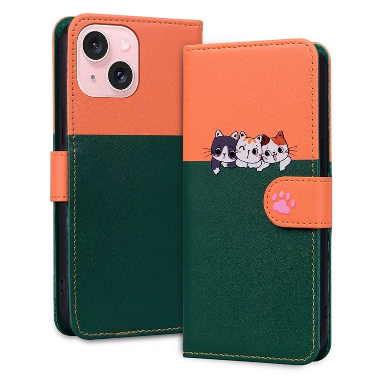 Cartoon Pet Series for iPhone 15 Plus Case Color Splicing Leather Wallet Cover
