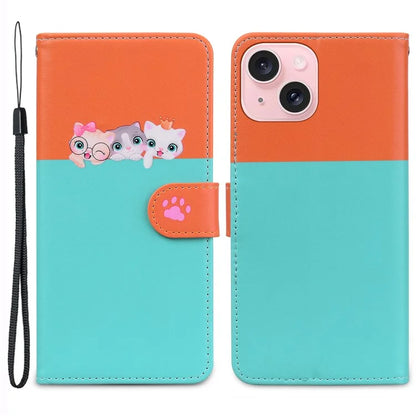 Cartoon Pet Series for iPhone 15 Plus Case Color Splicing Leather Wallet Cover