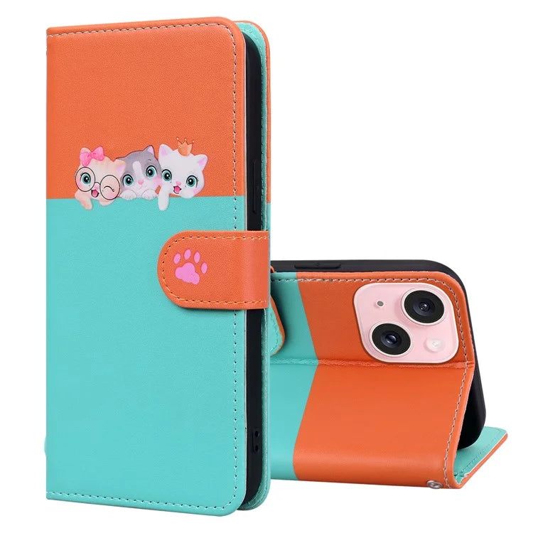 Cartoon Pet Series for iPhone 15 Plus Case Color Splicing Leather Wallet Cover