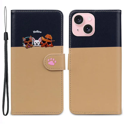 Cartoon Pet Series for iPhone 15 Plus Case Color Splicing Leather Wallet Cover