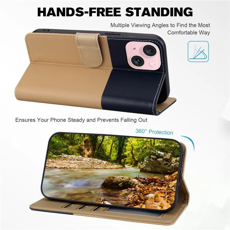 Cartoon Pet Series for iPhone 15 Plus Case Color Splicing Leather Wallet Cover
