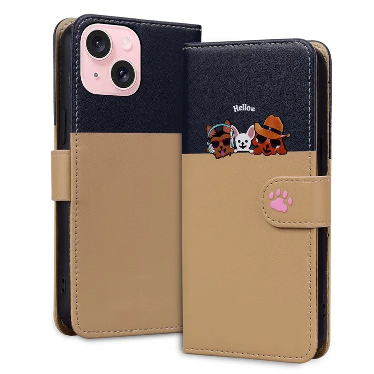 Cartoon Pet Series for iPhone 15 Plus Case Color Splicing Leather Wallet Cover