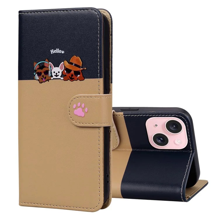 Cartoon Pet Series for iPhone 15 Plus Case Color Splicing Leather Wallet Cover