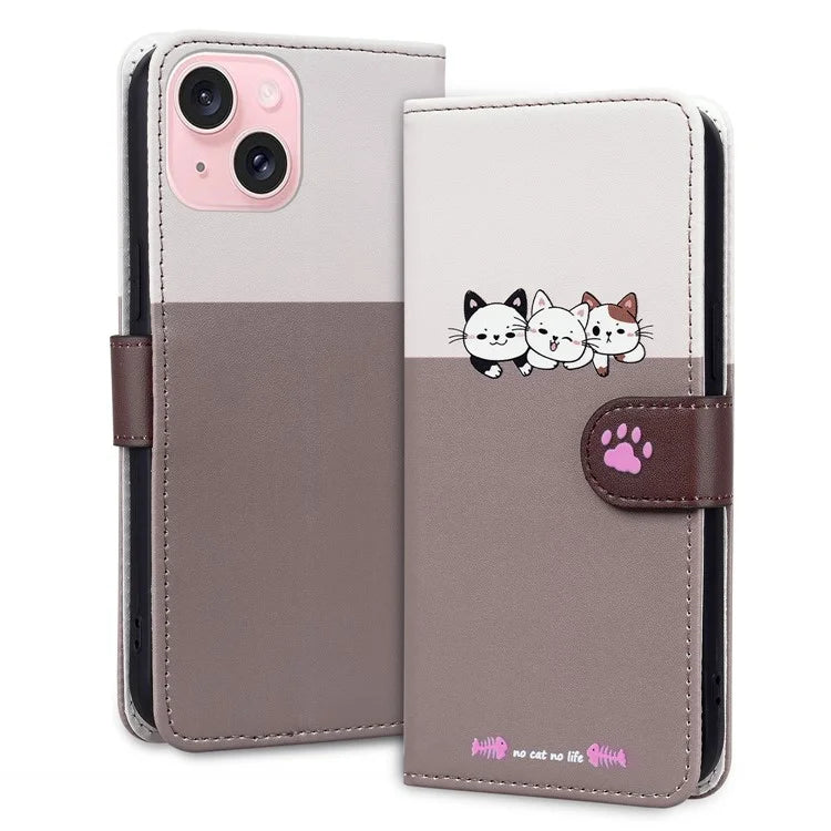 Cartoon Pet Series for iPhone 15 Plus Case Color Splicing Leather Wallet Cover
