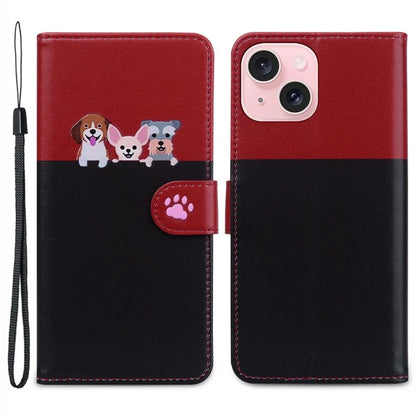 Cartoon Pet Series for iPhone 15 Plus Case Color Splicing Leather Wallet Cover