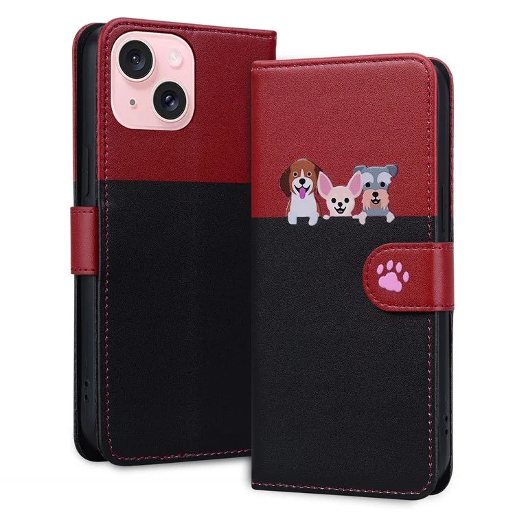 Cartoon Pet Series for iPhone 15 Plus Case Color Splicing Leather Wallet Cover