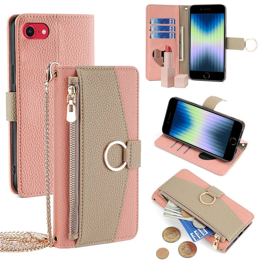 For iPhone 7 / 8 / SE (2020) / SE (2022) Case Metal Ring Zipper Pocket Crossbody Phone Cover