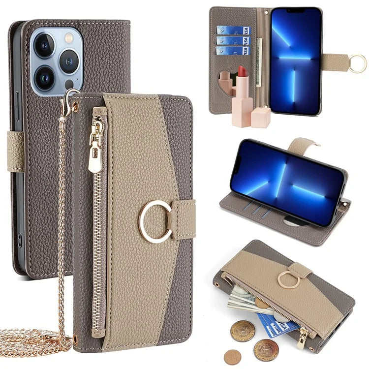 For iPhone 13 Pro Leather Case Crossbody Phone Cover with Wallet Stand