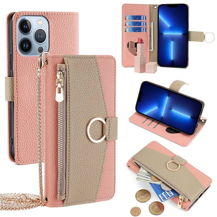 For iPhone 13 Pro Leather Case Crossbody Phone Cover with Wallet Stand