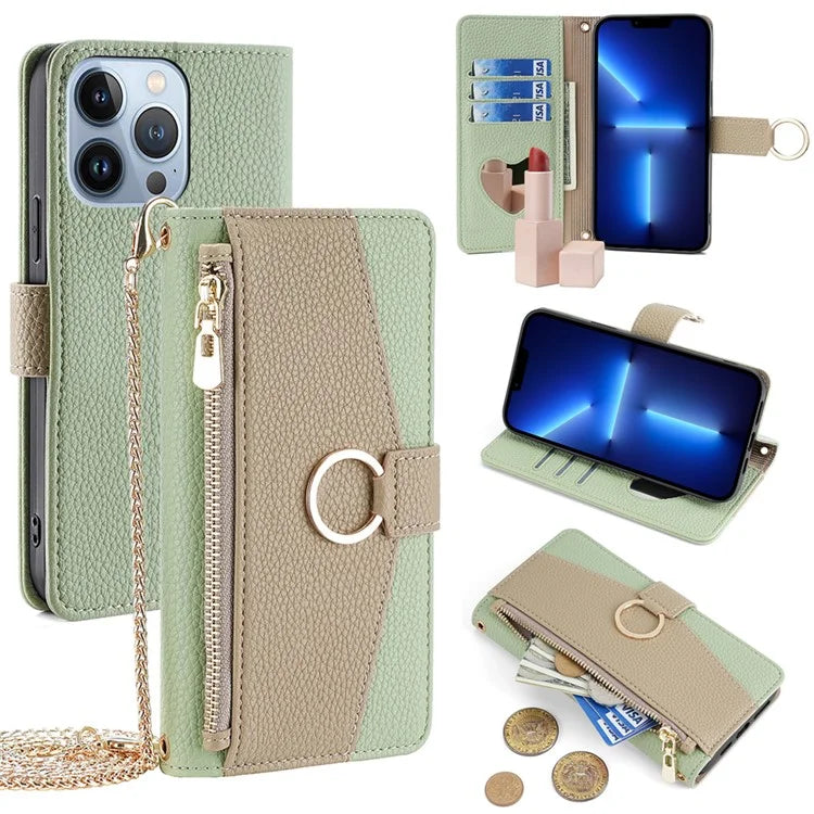 For iPhone 13 Pro Leather Case Crossbody Phone Cover with Wallet Stand