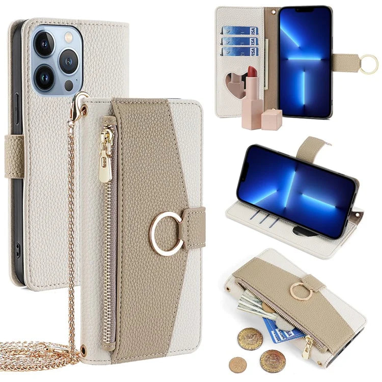 For iPhone 13 Pro Leather Case Crossbody Phone Cover with Wallet Stand