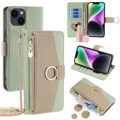For iPhone 14 Case PU Leather Makeup Mirror Wallet Phone Cover with Finger Ring