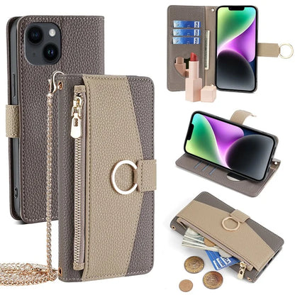 For iPhone 14 Case PU Leather Makeup Mirror Wallet Phone Cover with Finger Ring