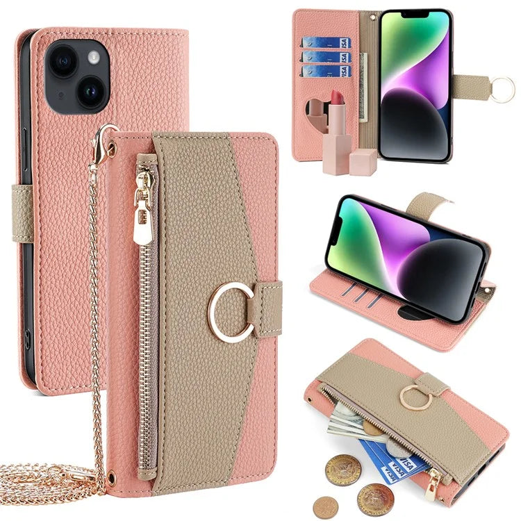 For iPhone 14 Case PU Leather Makeup Mirror Wallet Phone Cover with Finger Ring