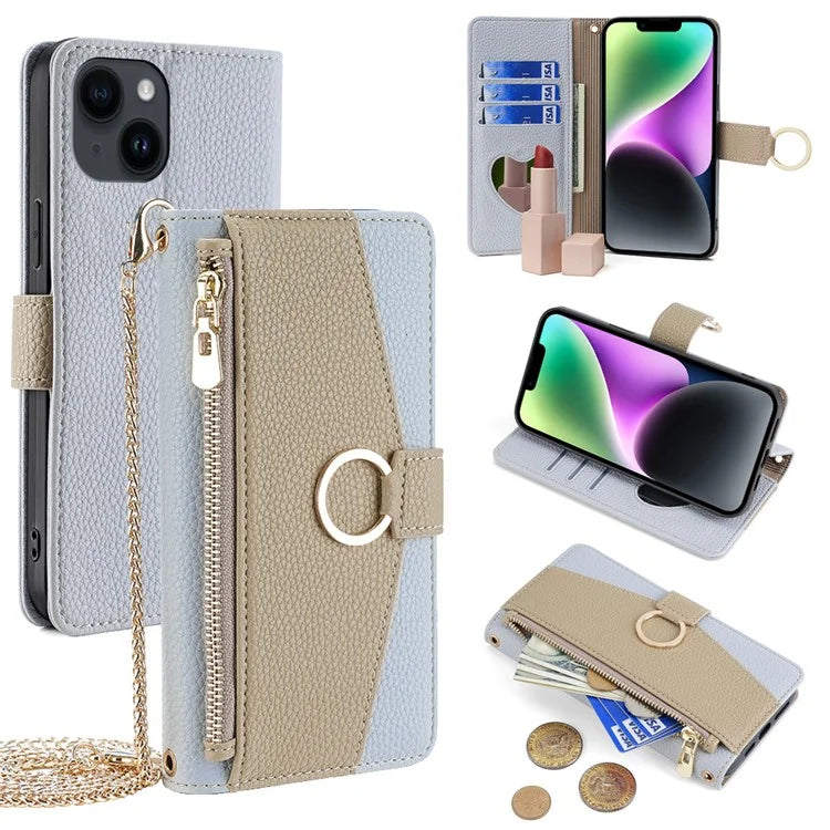 For iPhone 14 Case PU Leather Makeup Mirror Wallet Phone Cover with Finger Ring