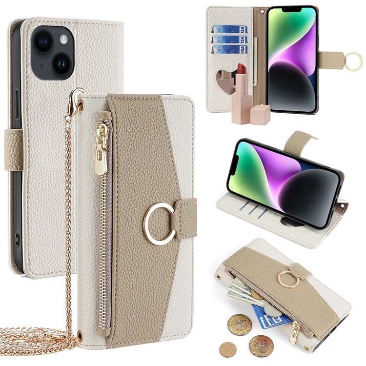 For iPhone 14 Case PU Leather Makeup Mirror Wallet Phone Cover with Finger Ring