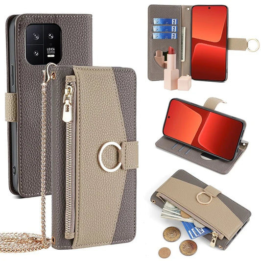 For Xiaomi 13 Case Zipper Pocket Leather Phone Wallet Cover with Shoulder Strap