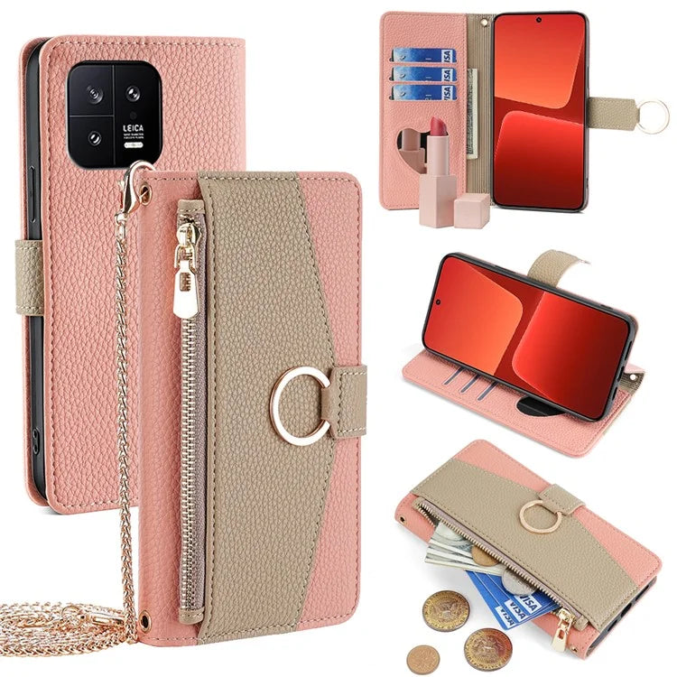 For Xiaomi 13 Case Zipper Pocket Leather Phone Wallet Cover with Shoulder Strap