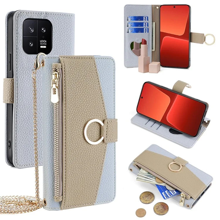 For Xiaomi 13 Case Zipper Pocket Leather Phone Wallet Cover with Shoulder Strap