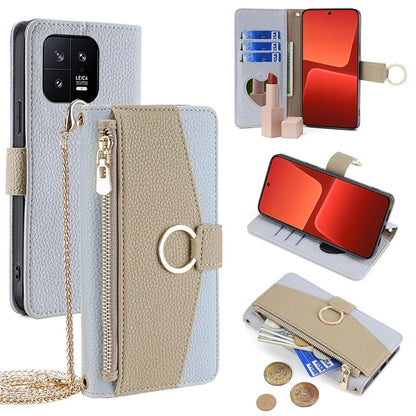 For Xiaomi 13 Case Zipper Pocket Leather Phone Wallet Cover with Shoulder Strap