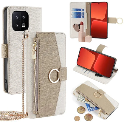 For Xiaomi 13 Case Zipper Pocket Leather Phone Wallet Cover with Shoulder Strap
