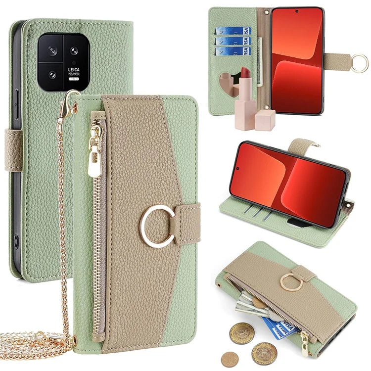 For Xiaomi 13 Case Zipper Pocket Leather Phone Wallet Cover with Shoulder Strap