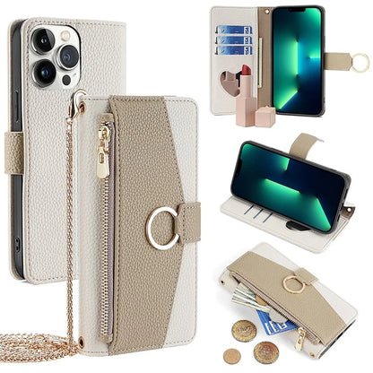 For iPhone 13 Pro Max 6.7 inch Case Litchi Texture PU Leather Phone Stand Cover with Shoulder Strap