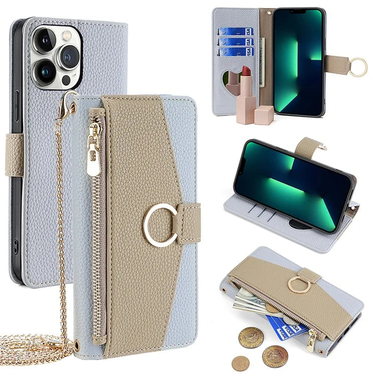 For iPhone 13 Pro Max 6.7 inch Case Litchi Texture PU Leather Phone Stand Cover with Shoulder Strap
