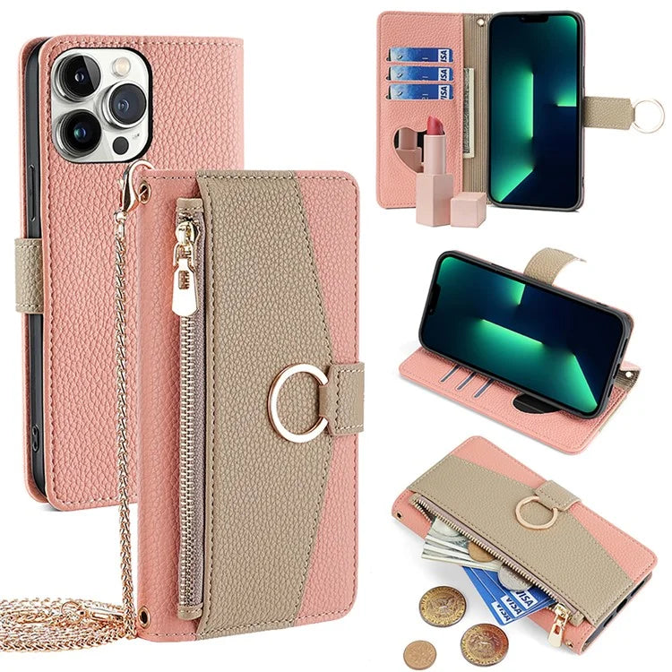 For iPhone 13 Pro Max 6.7 inch Case Litchi Texture PU Leather Phone Stand Cover with Shoulder Strap