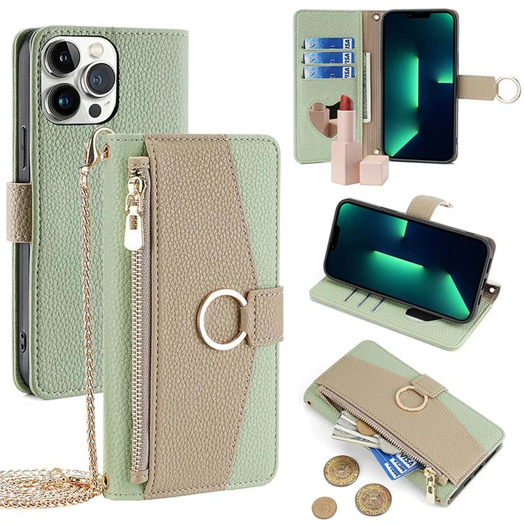 For iPhone 13 Pro Max 6.7 inch Case Litchi Texture PU Leather Phone Stand Cover with Shoulder Strap