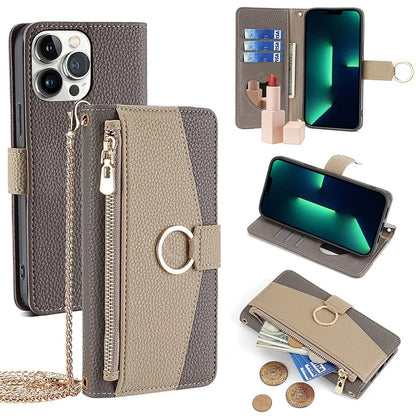 For iPhone 13 Pro Max 6.7 inch Case Litchi Texture PU Leather Phone Stand Cover with Shoulder Strap