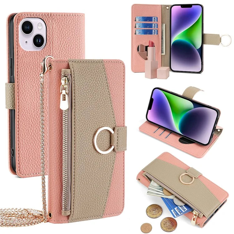 For iPhone 14 Plus Cell Phone Case PU Leather Flip Folio Wallet Cover with Mirror and Shoulder Strap