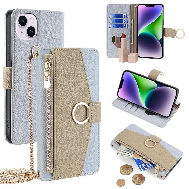 For iPhone 14 Plus Cell Phone Case PU Leather Flip Folio Wallet Cover with Mirror and Shoulder Strap