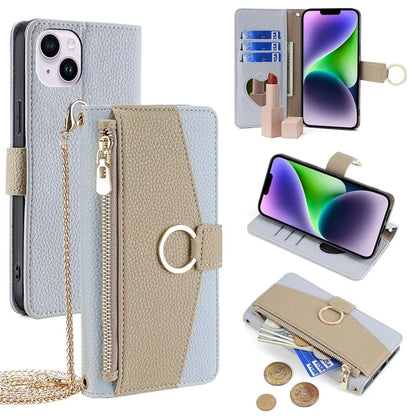 For iPhone 14 Plus Cell Phone Case PU Leather Flip Folio Wallet Cover with Mirror and Shoulder Strap