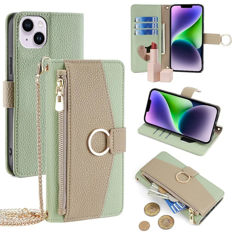 For iPhone 14 Plus Cell Phone Case PU Leather Flip Folio Wallet Cover with Mirror and Shoulder Strap