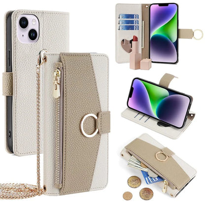 For iPhone 14 Plus Cell Phone Case PU Leather Flip Folio Wallet Cover with Mirror and Shoulder Strap