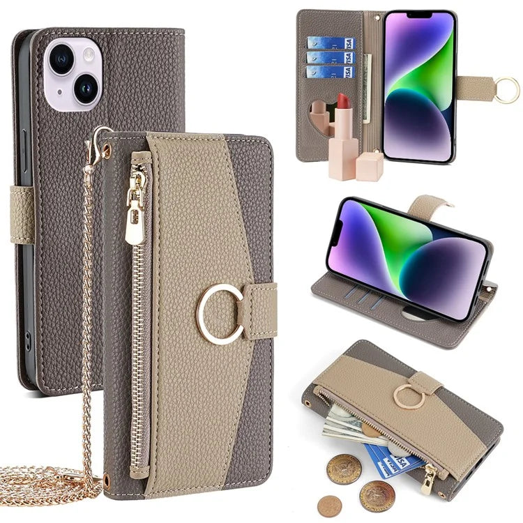 For iPhone 14 Plus Cell Phone Case PU Leather Flip Folio Wallet Cover with Mirror and Shoulder Strap