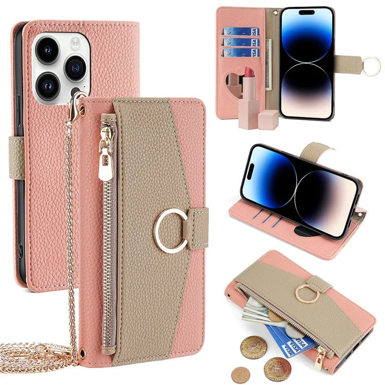 For iPhone 14 Pro Case PU Leather+TPU Zipper Pocket Makeup Mirror Phone Protector