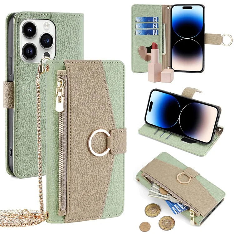 For iPhone 14 Pro Case PU Leather+TPU Zipper Pocket Makeup Mirror Phone Protector