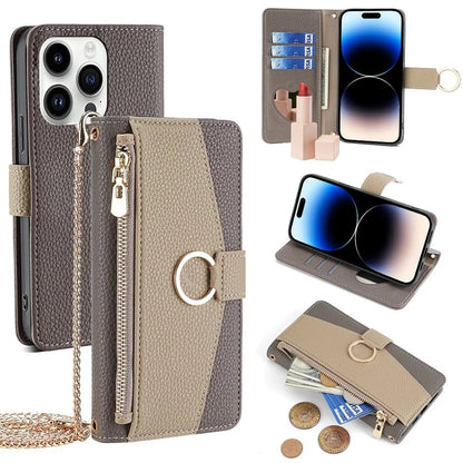 For iPhone 14 Pro Case PU Leather+TPU Zipper Pocket Makeup Mirror Phone Protector