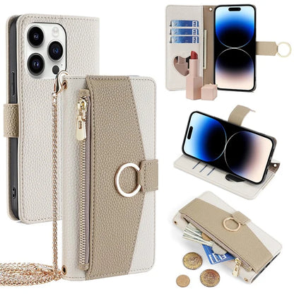 For iPhone 14 Pro Case PU Leather+TPU Zipper Pocket Makeup Mirror Phone Protector