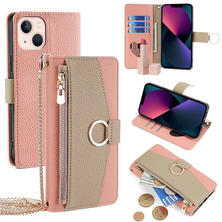 For iPhone 13 6.1 inch Case PU Leather Wallet Protective Cover with Crossbody Shoulder Strap