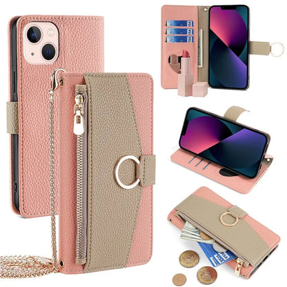 For iPhone 13 6.1 inch Case PU Leather Wallet Protective Cover with Crossbody Shoulder Strap